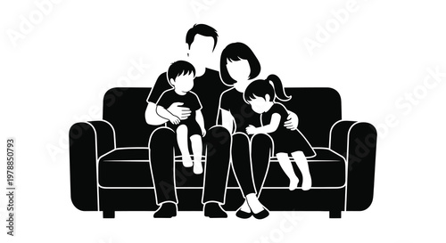 A family of four sits closely together on a dark sofa presented as a striking black silhouette high quality professional detailed