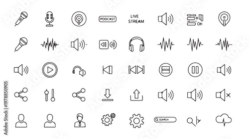 Black Line Icons For Audio Podcast Live Stream And Video Playback Concepts