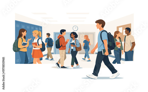 School hallway scenario where students move between classes in an organized educational environment, representing routine, social interaction, and daily learning life,