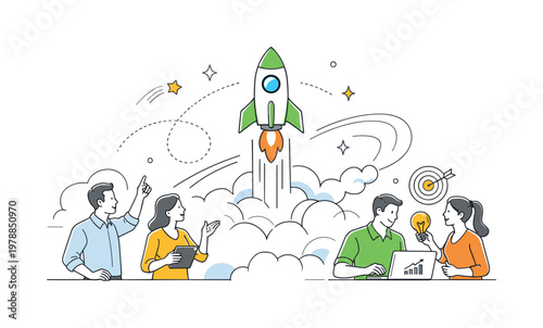 Innovation and rapid growth in a business or technology context where ideas accelerate toward success and expansion, represented by a clear visual metaphor of a rocket