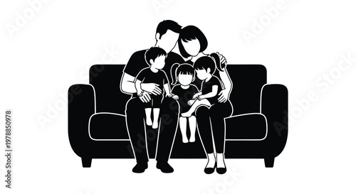 A loving family of five poses together on a comfortable sofa creating a heartwarming family silhouette high quality professional detailed modern
