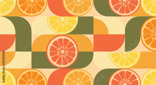 Geometric citrus pattern with colorful lemon and orange slices