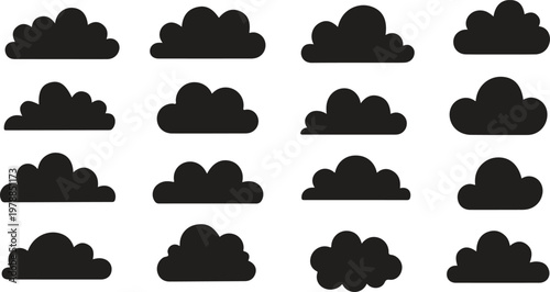 Collection of cloud silhouettes in various shapes, black fluffy sky elements set, minimal vector illustration isolated