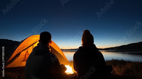 Enjoying a Night by the Campfire Near the Lake Under a Starry Sky