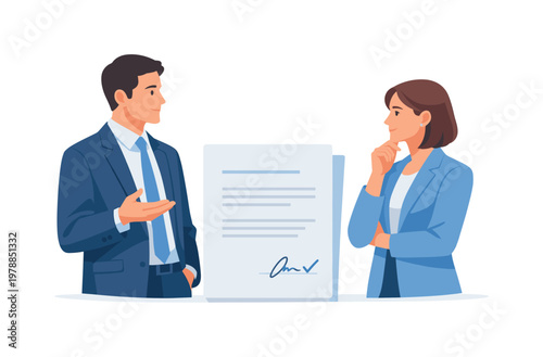 A strategic business interaction aimed at finding balanced solutions and long-term partnerships, depicted as two individuals standing beside a single document while one