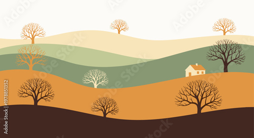 Minimalist autumn landscape with trees and hills in earth tones