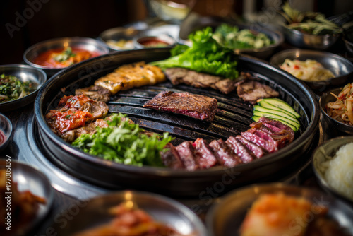Food photography of classic Korean national dishes: bibimbap, kimbap, tteokbokki, grilled meat, and an array of banchan including kimchi and jorim. Colorful and appetizing.