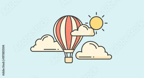 Whimsical hot air balloon floating among clouds and sun in pastel sky