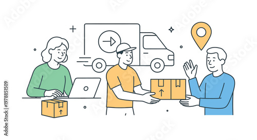 Order fulfillment and delivery process in an e-commerce ecosystem where businesses manage purchases and ship products efficiently to customers, visualized through two or