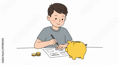 Young boy drawing at desk with piggy bank and coins, vector illustration for financial planning and savings concept.