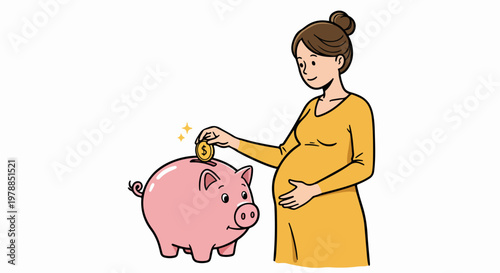 Pregnant woman saving money in piggy bank, financial planning for baby, investment concept vector illustration.