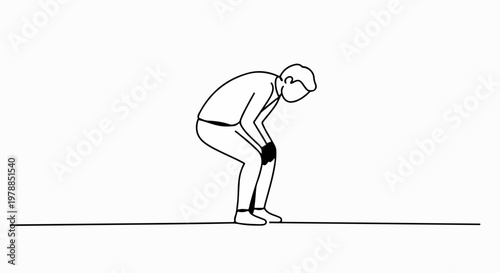 Man bending over with knee pain, simple line art vector illustration. Man experiencing discomfort and physical strain, medical concept for joint issues.