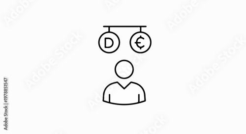 Financial decision vector icon, person choosing between currency symbols, investment concept vector illustration.