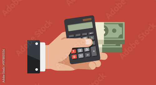Flat vector illustration of hand holding calculator with money stack, financial calculation concept for business and accounting.