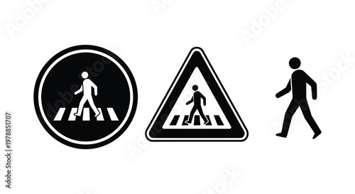 Pedestrian crossing signs and a walking person depicted as a stark black silhouette high quality professional detailed modern elegant stylish clean