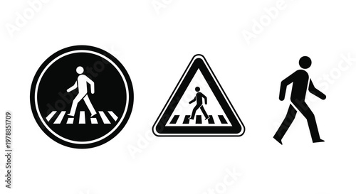 Three pedestrian crossing signs including a circular and triangular warning displayed alongside a walking silhouette high quality professional detailed modern elegant