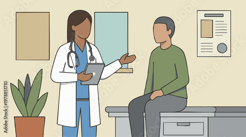 Medical Consultation: Doctor Explains to Male Patient in Clinic