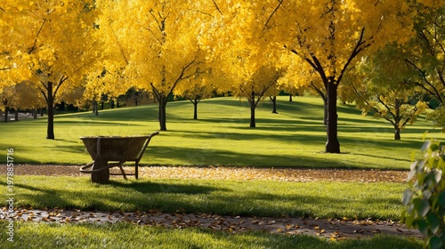 Bright Yellow Trees Surround a Green Park With a Wheelbarrow Resting on a Pat...
