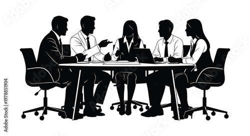 A group of business professionals are seated around a table in a meeting presented as a silhouette high quality professional detailed