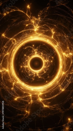 A scientific close-up image of the atomic structure and electrical energy flowing through it. Focusing on a circular shape of glowing light at the core, with lines radiating outward.
