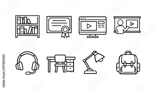 Education resources: library bookshelf, diploma certificate, online course screen, video lesson, audio lecture, study desk, reading lamp, school bag.