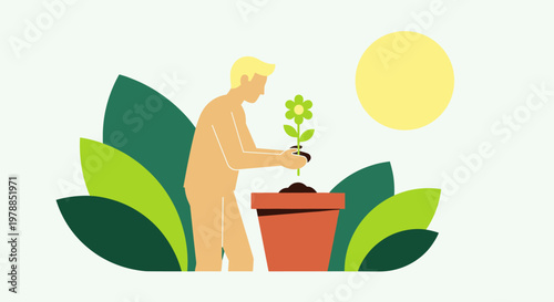 Flat design gardening scene with person planting a flower in pot
