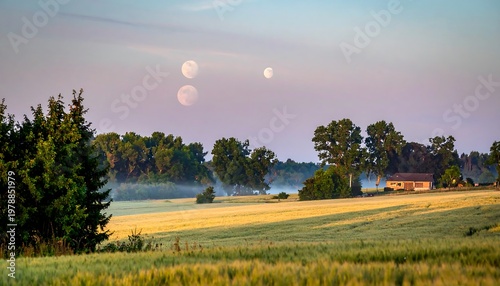 Golden field at dawn with a house and trees under a colorful sky.