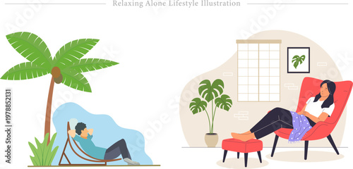Relaxing Alone Lifestyle Flat Vector Personal Downtime Indoor Outdoor Sanctuary Illustration