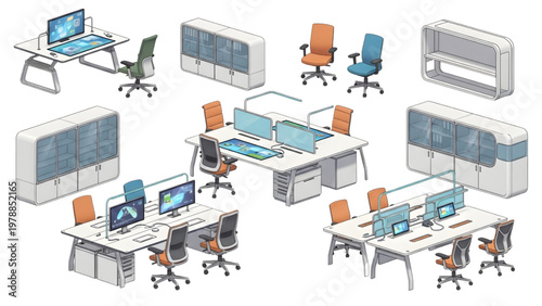 Futuristic Modern Colorful 2D Office Furniture Vector Set Scalable Customizable Workspace Design Isolated on White Background