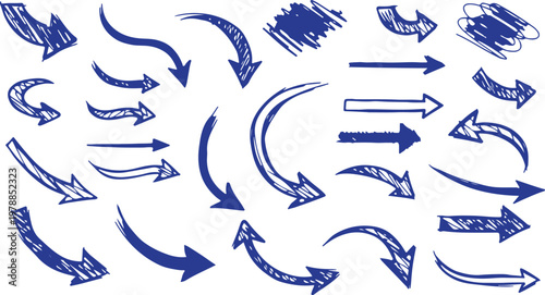 Hand drawn arrow vector set — doodle sketch curved arrows and symbols in black ink