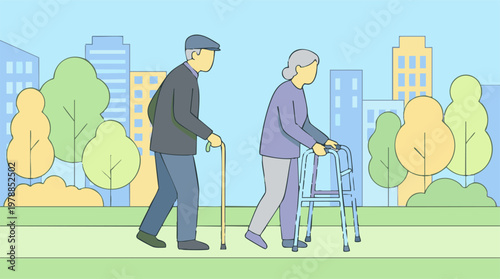 Elderly couple walking with a cane and walker in a city park illustration