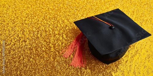 Graduation Cap Sits on a Shiny Yellow Surface During a Celebration Event in t...