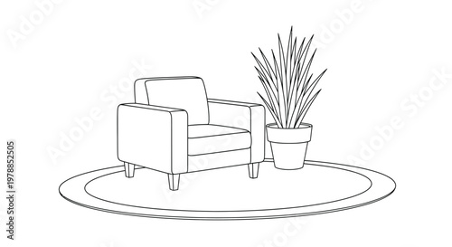 A minimalist line drawing depicts a comfortable armchair positioned beside a potted plant