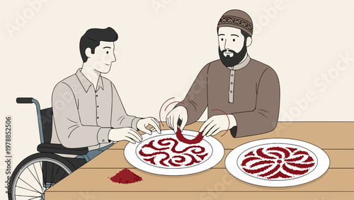 Two men sharing food, one in a wheelchair, enjoying a meal together with cultural food preparation vector illustration.