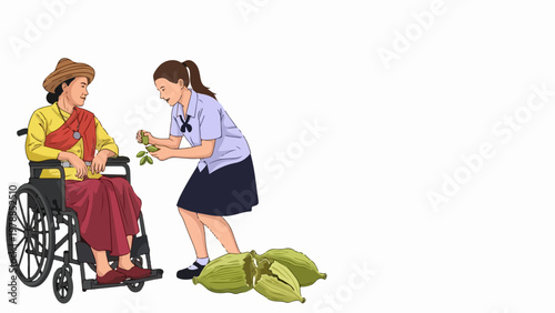 Vector illustration of woman in wheelchair receiving produce from young person, community garden concept.