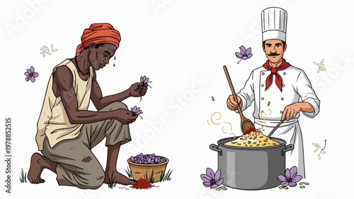 Saffron harvesting and cooking vector illustration showing farmer collecting stigmas and chef preparing dish with spice. Saffron cultivation and culinary use concept for food industry.