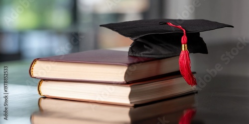 Graduation Cap Placed on Top of Two Stacked Books in a Study Area During Daytime