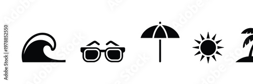 Vacation icons featuring a wave, sunglasses, umbrella, sun, and palm tree isolated on white background, Vector, illustration