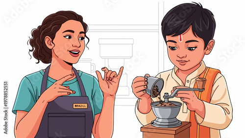Young woman teaching boy to grind spices using vintage manual grinder, cultural cooking lesson vector illustration.