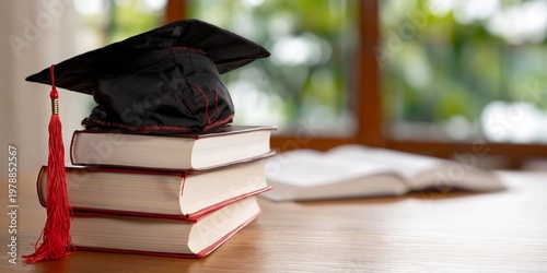 Graduation Cap Placed on Top of Two Stacked Books in a Study Area During Daytime