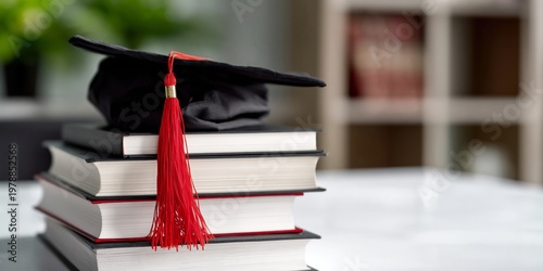 Graduation Cap Rests on Stack of Books in Indoor Setting During Daylight Hours