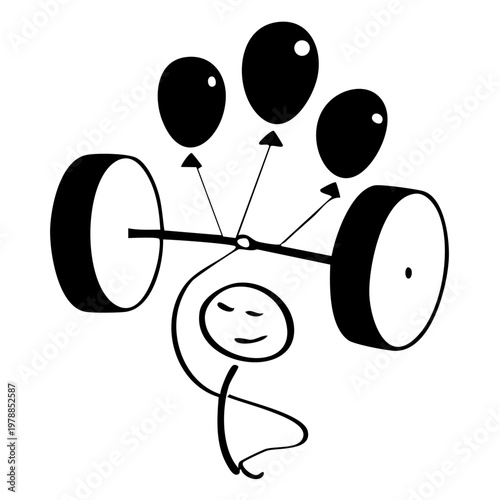 A stick figure lifting a barbell with weights and balloons attached