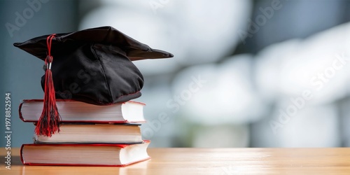 Graduation Cap Rests on Stack of Books in Indoor Setting During Daylight Hours