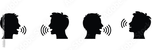 Four stylized silhouettes of people with sound wave icons indicating communication isolated on white background, Vector, illustration