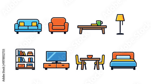 Home interior furniture: sofa, armchair, coffee table, floor lamp, bookshelf, TV stand, dining table, bed.