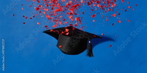 Graduation Cap Surrounded by Falling Rose Petals Against a Blue Background