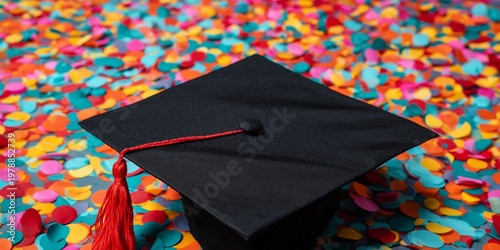 Graduation Cap Placed on Colorful Confetti Background During Celebration Event