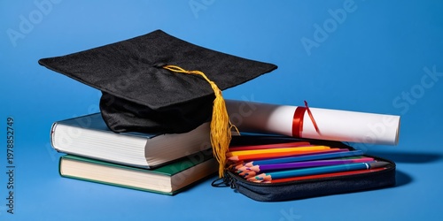 Graduation Cap and Books With a Diploma and Colorful Stationery on a Blue Bac...