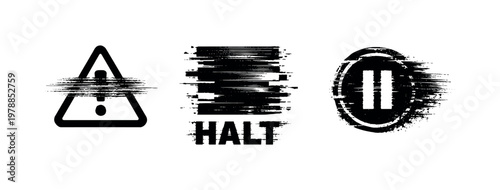 Digital system halt and panic interrupt theme, a set of 3 glitch-distorted monochrome objects placed on a perfectly clean white background, each object exhibiting its own