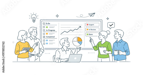 A workflow transparency and task visibility scene showing a small team tracking progress around a large dashboard and status indicators, using a clear visual metaphor of